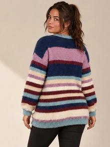 ELLERISSA Plus Size Multicolor Striped Fluffy Round Neck Drop Shoulder Longline Sweater Winter - Multicolor - View 2