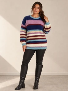 ELLERISSA Plus Size Multicolor Striped Fluffy Round Neck Drop Shoulder Longline Sweater Winter - Multicolor - View 4
