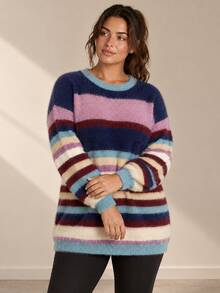 ELLERISSA Plus Size Multicolor Striped Fluffy Round Neck Drop Shoulder Longline Sweater Winter - Multicolor - View 6