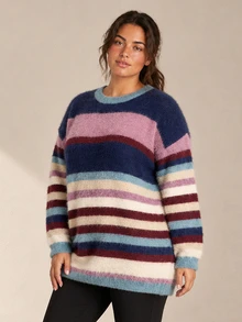ELLERISSA Plus Size Multicolor Striped Fluffy Round Neck Drop Shoulder Longline Sweater Winter - Multicolor - View 3