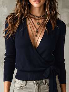 SHEIN Spring Fall French Wrap V Neck Knit Top Women Side Tie Waist Long Sleeve Slim Fitted Blouse - Navy Blue - View 8