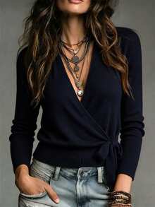 SHEIN Spring Fall French Wrap V Neck Knit Top Women Side Tie Waist Long Sleeve Slim Fitted Blouse - Navy Blue - View 1