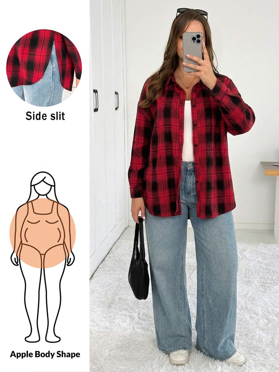 Shapeblank 大尺碼格紋單排扣長袖襯衫 - 紅色 - 查看 1