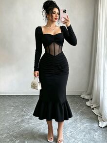 Selianne New Women's Long Sleeve Solid Color Waist Semi-Sheer Mesh Fabric Hip Ruched Fishtail Hem Ruffle Ruched Design Slim Fit Tall & Slender Versatile Elegant Elegant Mid-Length Dress - Black - View 4