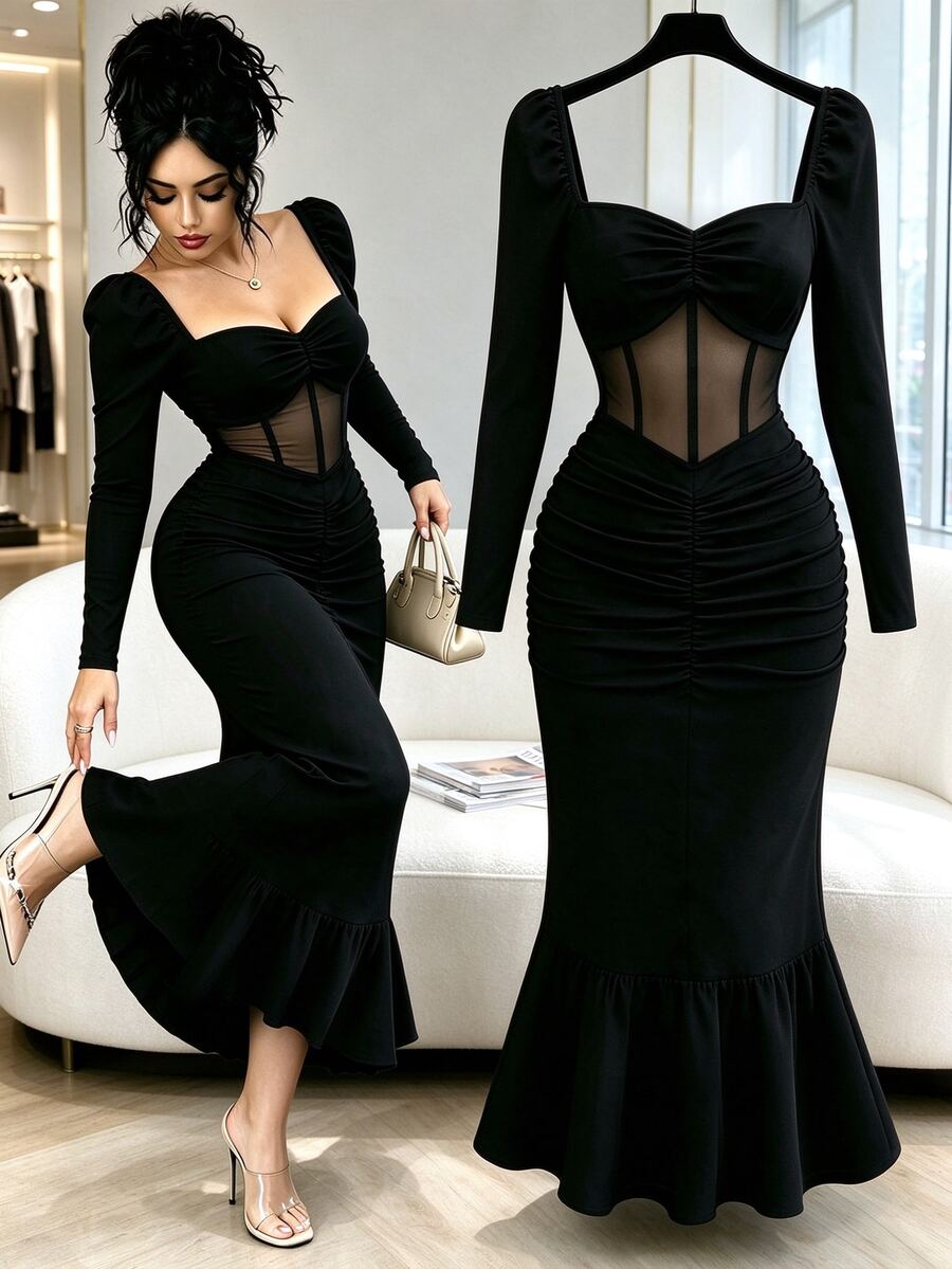 Selianne New Women's Long Sleeve Solid Color Waist Semi-Sheer Mesh Fabric Hip Ruched Fishtail Hem Ruffle Ruched Design Slim Fit Tall & Slender Versatile Elegant Elegant Mid-Length Dress - Black - View 1