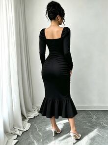 Selianne New Women's Long Sleeve Solid Color Waist Semi-Sheer Mesh Fabric Hip Ruched Fishtail Hem Ruffle Ruched Design Slim Fit Tall & Slender Versatile Elegant Elegant Mid-Length Dress - Black - View 2