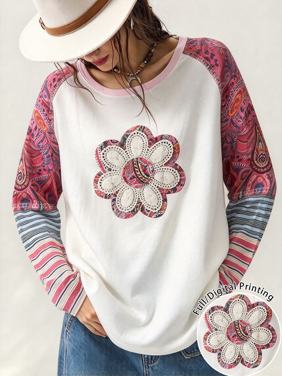 SHEIN LUNE Casual Knit Color Block Round Neck Loose Fit Long Sleeve Women Top Fall - Multicolor - View 1