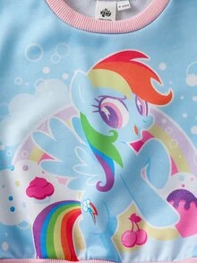 My Little Pony X SHEIN Baby Girl Cute Blue Cartoon Rainbow Striped Sweatshirt, Autumn/Winter - Blue - View 5