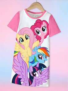 My Little Pony X SHEIN 女童可愛卡通印花圓領短袖洋裝 - 白色 - 查看 1