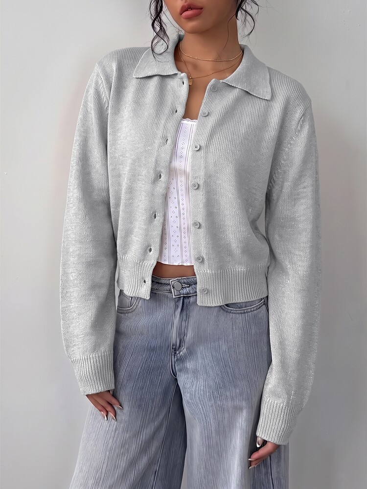 SHEIN BASICS Casual Solid Color Long Sleeve Loose Cropped Women Cardigan Sweater Autumn Coat Back-To-School Off Campus Pale Yellow School Teacher Office Everyday - Light Grey - View 7