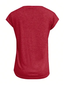 Omancia Women's Solid Color V-Neck Cap Sleeve Casual Versatile T-Shirt - Red - View 2
