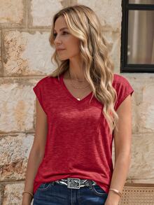 Omancia Women's Solid Color V-Neck Cap Sleeve Casual Versatile T-Shirt - Red - View 3