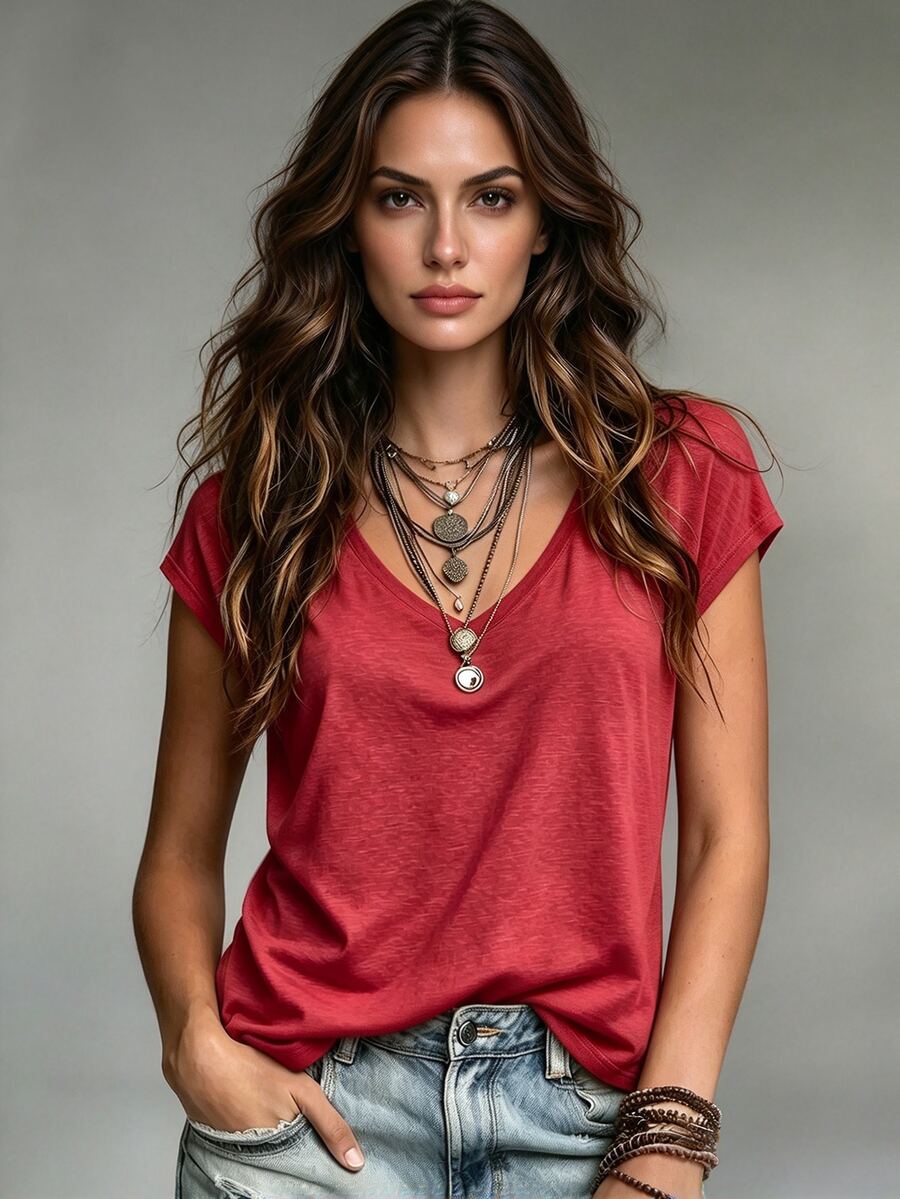 Omancia Women's Solid Color V-Neck Cap Sleeve Casual Versatile T-Shirt - Red - View 1
