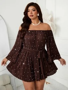 Femmeverse Women's Plus Size New Pearl Decor Cold Shoulder Ruffle Collar Pleated Loose Waist Belt Bow A-Line Short Jumpsuit - Coffee Brown - View 5