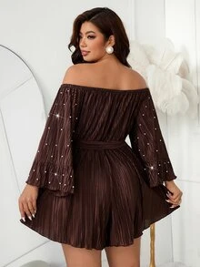 Femmeverse Women's Plus Size New Pearl Decor Cold Shoulder Ruffle Collar Pleated Loose Waist Belt Bow A-Line Short Jumpsuit - Coffee Brown - View 2