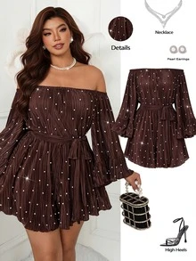 Femmeverse Women's Plus Size New Pearl Decor Cold Shoulder Ruffle Collar Pleated Loose Waist Belt Bow A-Line Short Jumpsuit - Coffee Brown - View 1