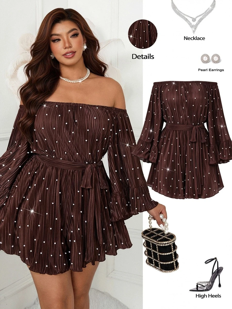 Femmeverse Women's Plus Size New Pearl Decor Cold Shoulder Ruffle Collar Pleated Loose Waist Belt Bow A-Line Short Jumpsuit - Coffee Brown - View 1