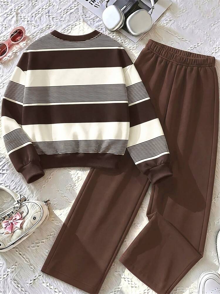 Girls' Striped Pullover Sweatshirt & Wide Leg Pants 2 Pieces Set - Christmas Casual Holiday Outfit, Blending Campus Vintage Floral & Classic Striped Fashionable Personalized Style, Suitable For Spring, Autumn & Winter Wear. Brown & Coffee Vintage - Multicolor - View 5