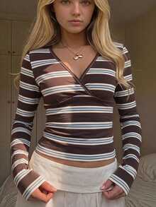 Teen Girls V-Neck Long Sleeve Casual Cute Versatile T-Shirt - White - View 1