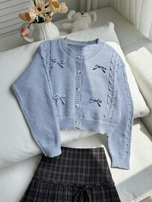 SHEIN 青少年女孩時尚休閒清新短版純色新款優雅秋冬針織開襟毛衣，秋冬麻花繩結針織長袖開襟衫，適合日常穿著、上學、外出、聚會，適用於秋冬 - 淺藍色 - 查看 3