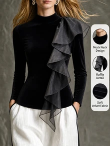 SHEIN Women's Spring/Autumn Elegant & Sophisticated Outing/Date, Stand Collar Ruffle Patchwork Design Long Sleeve T-Shirt - Black - View 6