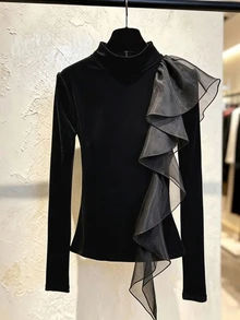 SHEIN Women's Spring/Autumn Elegant & Sophisticated Outing/Date, Stand Collar Ruffle Patchwork Design Long Sleeve T-Shirt - Black - View 4