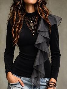 SHEIN Women's Spring/Autumn Elegant & Sophisticated Outing/Date, Stand Collar Ruffle Patchwork Design Long Sleeve T-Shirt - Black - View 2