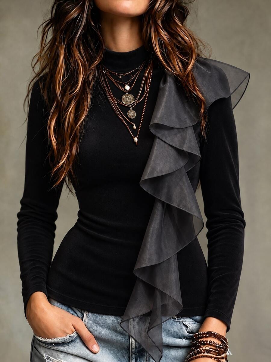 SHEIN Women's Spring/Autumn Elegant & Sophisticated Outing/Date, Stand Collar Ruffle Patchwork Design Long Sleeve T-Shirt