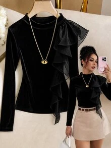 SHEIN Women's Spring/Autumn Elegant & Sophisticated Outing/Date, Stand Collar Ruffle Patchwork Design Long Sleeve T-Shirt - Black - View 8