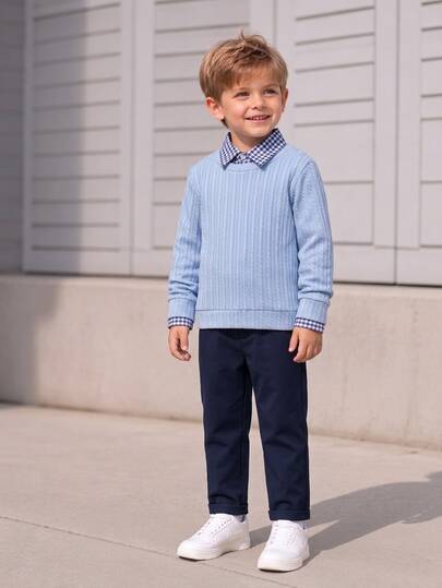 SHEIN Boys 2pcs Jacquard Crew Neck Long Sleeve Sweatshirt & Casual Suit Pants Set, Fashionable Versatile Outfit For Birthday Party, Evening Event, Performance, Wedding, Full Moon, Baptism, Back To School, Sports Season, Halloween, Christmas
