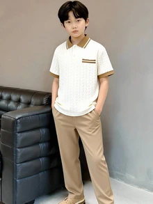 SHEIN 青少年男孩 2件套 Polo 衫長褲套裝 短袖 正式優雅 派對婚禮畢業穿搭服飾 - 杏色 - 查看 1