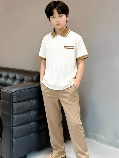 SHEIN Teen Boys 2Pcs Polo Shirt Trousers Suit Set Short Sleeve Formal Elegant Party Wedding Graduation Outfit