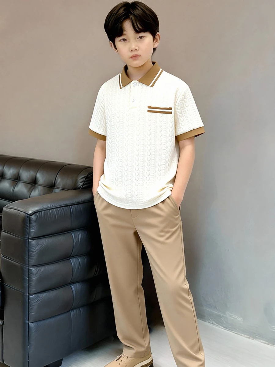 SHEIN 青少年男孩 2件套 Polo 衫長褲套裝 短袖 正式優雅 派對婚禮畢業穿搭服飾 - 杏色 - 查看 1