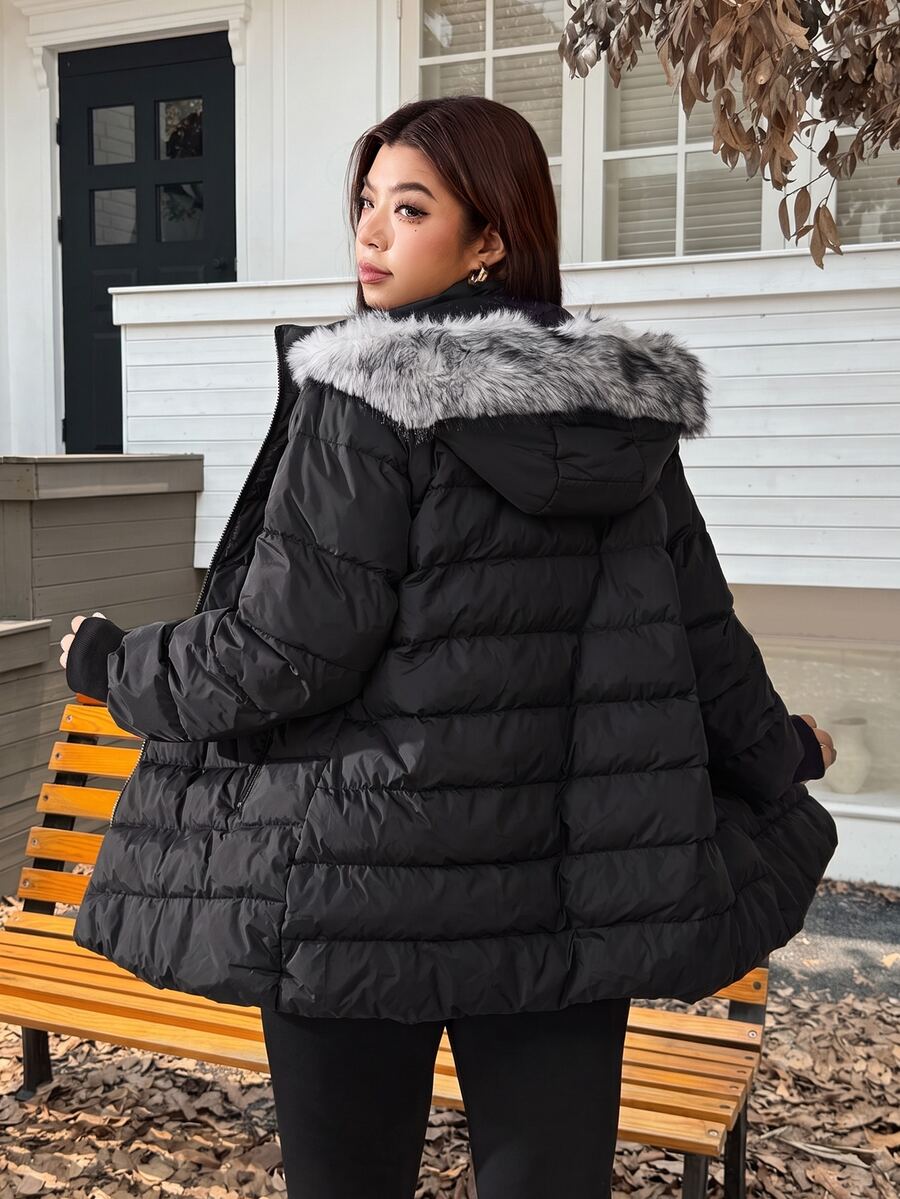Solflare Plus Size Faux Fur Hooded Padded Coat With Zipper And Pockets - Black - View 1