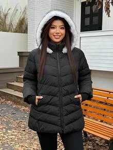 Solflare Plus Size Faux Fur Hooded Padded Coat With Zipper And Pockets - Black - View 2