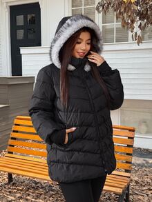 Solflare Plus Size Faux Fur Hooded Padded Coat With Zipper And Pockets - Black - View 3