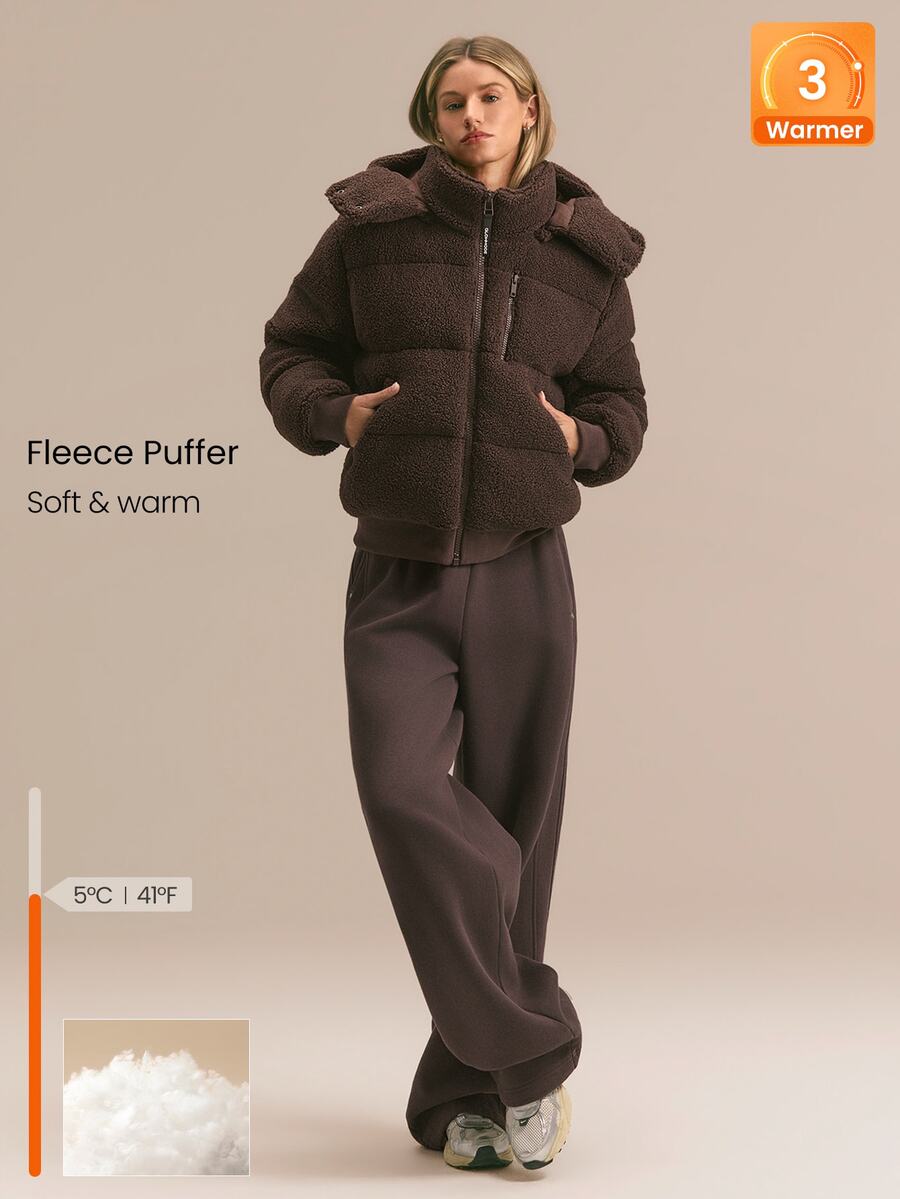 GLOWMODE Après Glow Collection Cozy Summit 抓絨羽絨外套，可拆卸帽兜，升級保暖與抓絨內裡口袋，適合冬季日常滑雪 - 巧克力棕 - 查看 1
