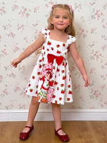 Strawberry Shortcake X SHEIN Young Girl Bow Decor Flutter Sleeve Dress - White - View 6