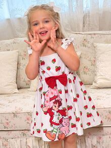 Strawberry Shortcake X SHEIN Young Girl Bow Decor Flutter Sleeve Dress - White - View 4