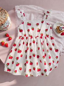 Strawberry Shortcake X SHEIN Young Girl Bow Decor Flutter Sleeve Dress - White - View 2