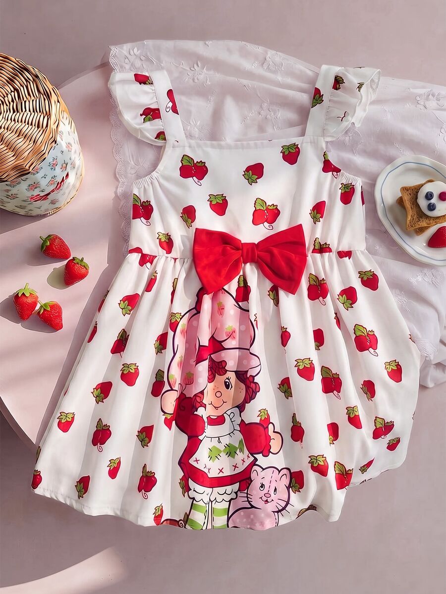 Strawberry Shortcake X SHEIN Young Girl Bow Decor Flutter Sleeve Dress - White - View 1