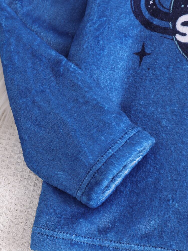 極簡時尚全印花毛絨酷感星際元素圓領長袖上衣與休閒長褲 2 件套居家服 - 藍色 - 查看 6