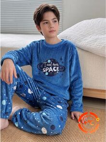 Set Pakaian Santai 2 Potong Minimalis dengan Motif Cetak Seluruh Permukaan, Bahan Plush, dan Elemen Antarbintang yang Keren, Atasan Lengan Panjang Kerah Bulat dan Celana Panjang Kasual - Biru - View 8
