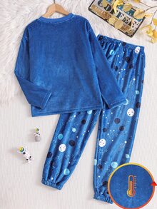 Set Pakaian Santai 2 Potong Minimalis dengan Motif Cetak Seluruh Permukaan, Bahan Plush, dan Elemen Antarbintang yang Keren, Atasan Lengan Panjang Kerah Bulat dan Celana Panjang Kasual - Biru - View 3