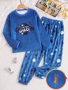 Set Pakaian Santai 2 Potong Minimalis dengan Motif Cetak Seluruh Permukaan, Bahan Plush, dan Elemen Antarbintang yang Keren, Atasan Lengan Panjang Kerah Bulat dan Celana Panjang Kasual - Biru - View 4