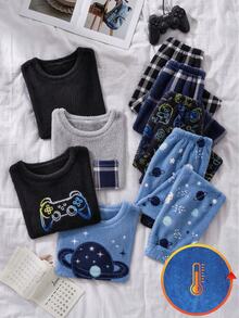 Set Pakaian Santai 2 Potong Minimalis dengan Motif Cetak Seluruh Permukaan, Bahan Plush, dan Elemen Antarbintang yang Keren, Atasan Lengan Panjang Kerah Bulat dan Celana Panjang Kasual - Biru - View 9