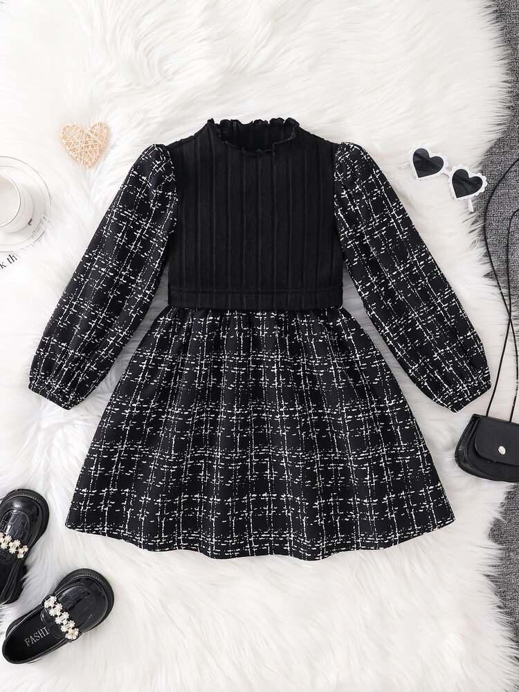 SHEIN Kids Young Girl Knit Solid Color Scalloped Collar Patchwork Plaid Casual Dress - Black - View 5