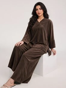 Solavon Plus Size Button Front High-Low Top And Loose Pants 2 Pieces Set Home Wear Vacation Night Brown Fall Casual Stylish - Coffee Brown - View 4
