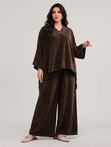 Solavon Plus Size Button Front High-Low Top And Loose Pants 2 Pieces Set Home Wear Vacation Night Brown Fall Casual Stylish - Coffee Brown - View 3