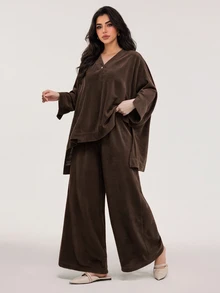 Solavon Plus Size Button Front High-Low Top And Loose Pants 2 Pieces Set Home Wear Vacation Night Brown Fall Casual Stylish - Coffee Brown - View 6